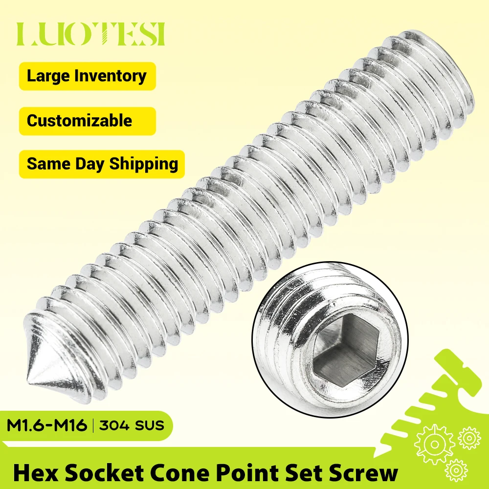 Hexagon Socket Set Screws with Cone Point 304 Stainless Steel M2 M2.5 M3 M4 M5 M6 M8 M10 M12 Allen Cone Tip Set Screw DIN914