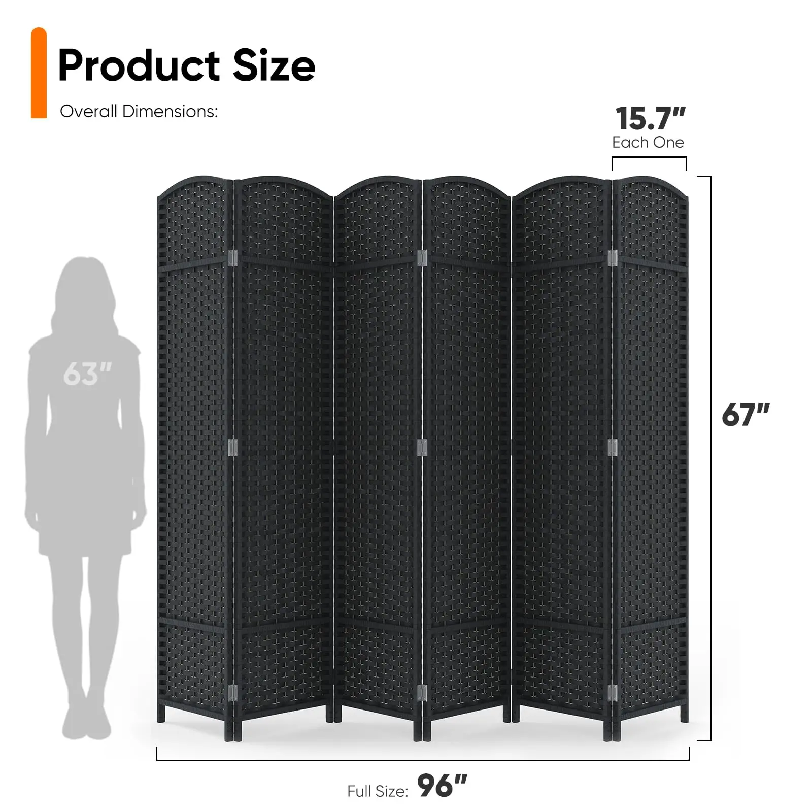 Rattan Room Divider, 6-Panel Folding Privacy Sn 6ft. Extra Wide