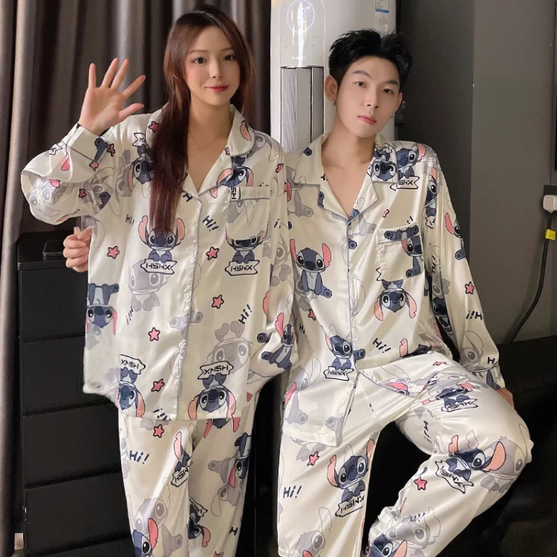 50% OFF Stitch Couple Pajamas Ice Silk Long Sleeve Pants Two-piece Casual Men\'s and Women\'s Disney Loungewear Women\'s Pajamas