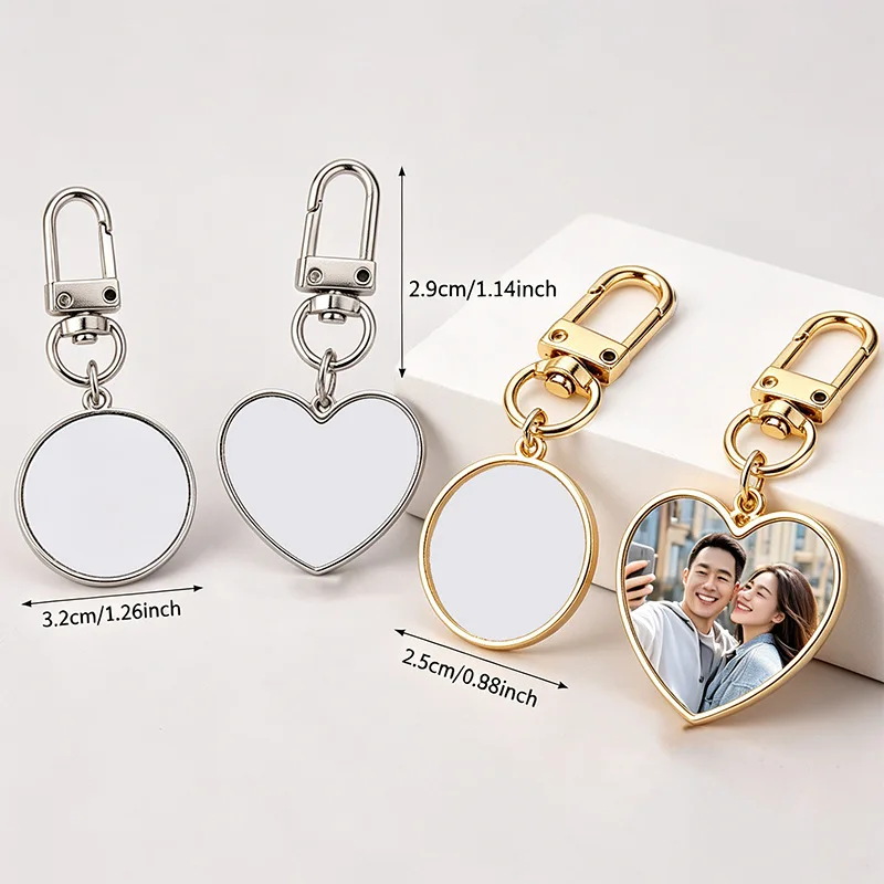 10pcs/lot Sublimation Blank heat transfer keychain heart round gold heat transfer keychain - bag hanging ornament