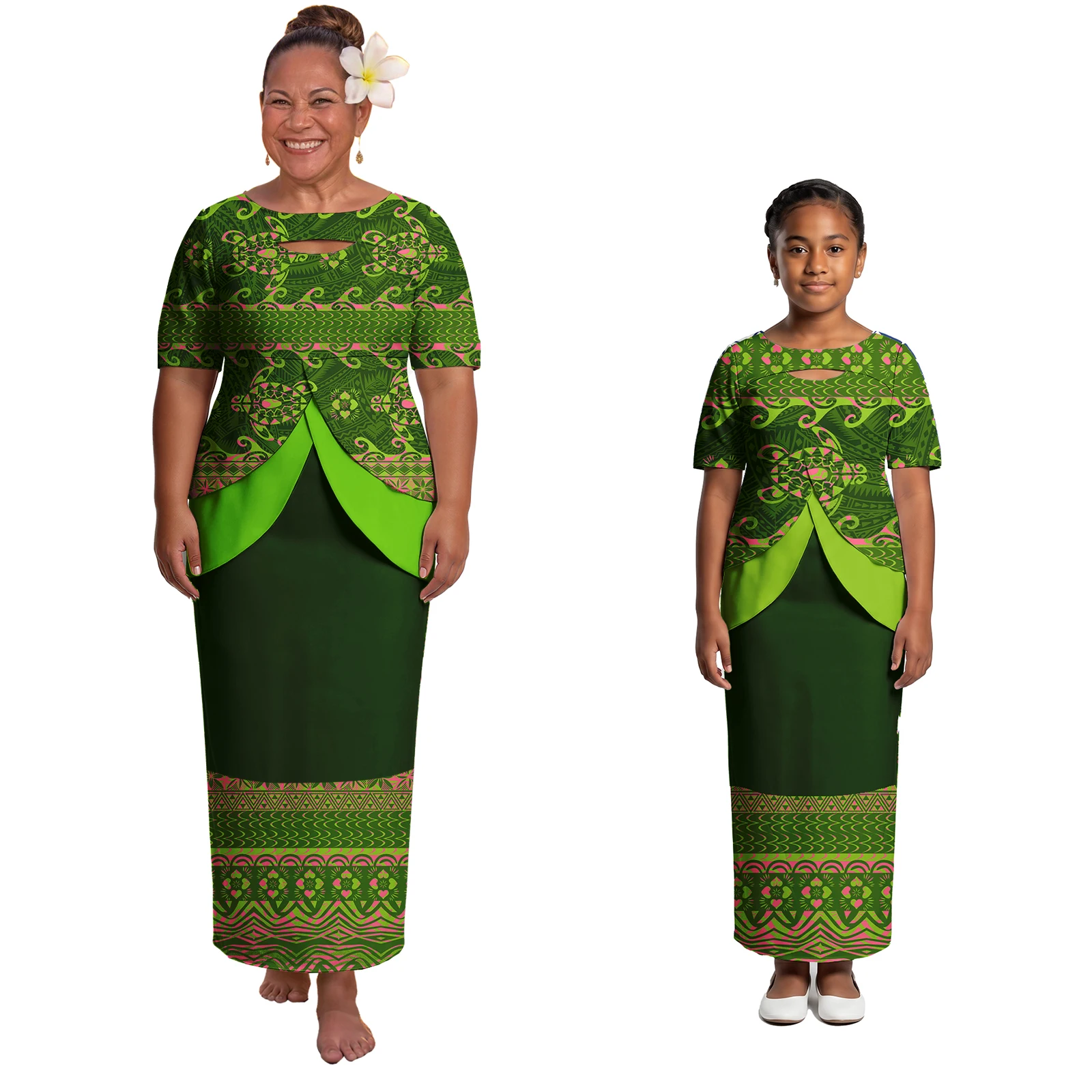 Tribal Women Girls Party Church Clothes Samoan Puletasi Polynesian Mommy and Daughter Dresses Cutout Neck 2 Piece Set Puletasi