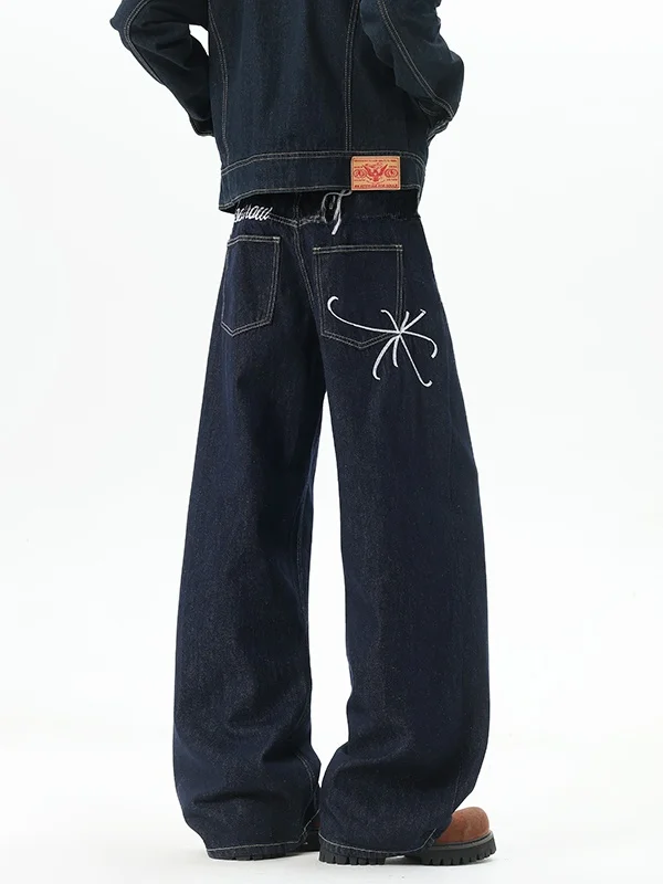 

Широкие джинсы с вышивкой в американском стиле, мужские зимние повседневные прямые брюки, модный дизайн, прямые брюки