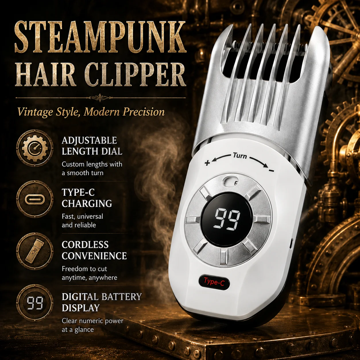 Punk-Style Professional Electric Hair Clipper, Retro Mechanical Design, Four-Speed Adjustment, Retractable Guide Comb for Freely Adjusting the Trimming Length, Smart Digital Power Display, Type-C Charging, Sharp Stainl