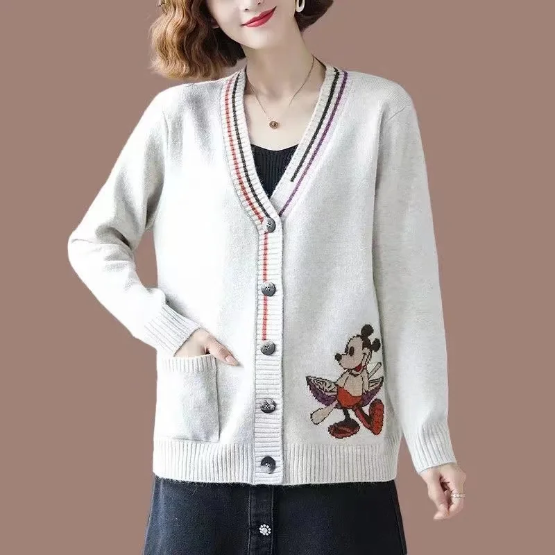 Disney Cartoon Knitted Cardigan Mickey Sweaters for Women Coat Female Autumn and Spring Long Sleeved Kawaii Tops Dropshipping