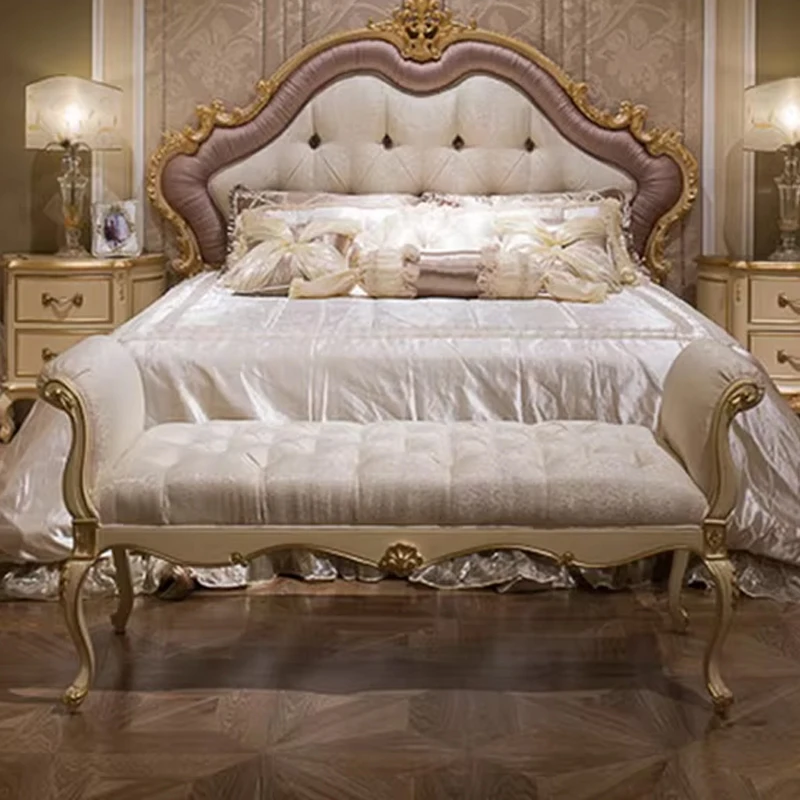 

!@Customized Wooden Fabric Bed Bench Italy Furniture Carved Wood Bench Bedroom Ottoman Classic Bedroom Bed Stool