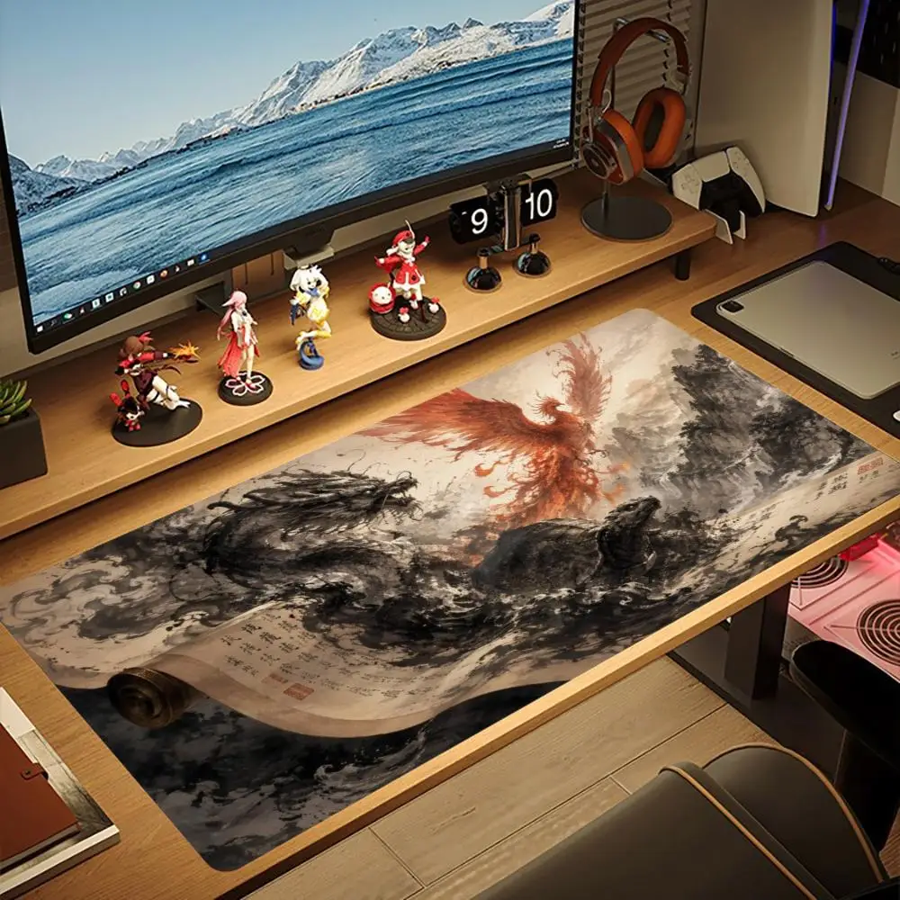 Large XXL Gaming Mouse Pad Chinese Dragon Phoenix Xuanwu Art Deskmat Non‑Slip Rubber Keyboard Mats Oriental Myth Mousepads
