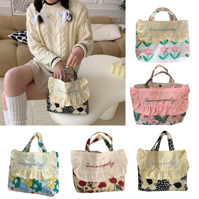 Bolsa pañales con estampado dibujos animados, organizador artículos para bebé con borde floral dulce, bolsa elegante