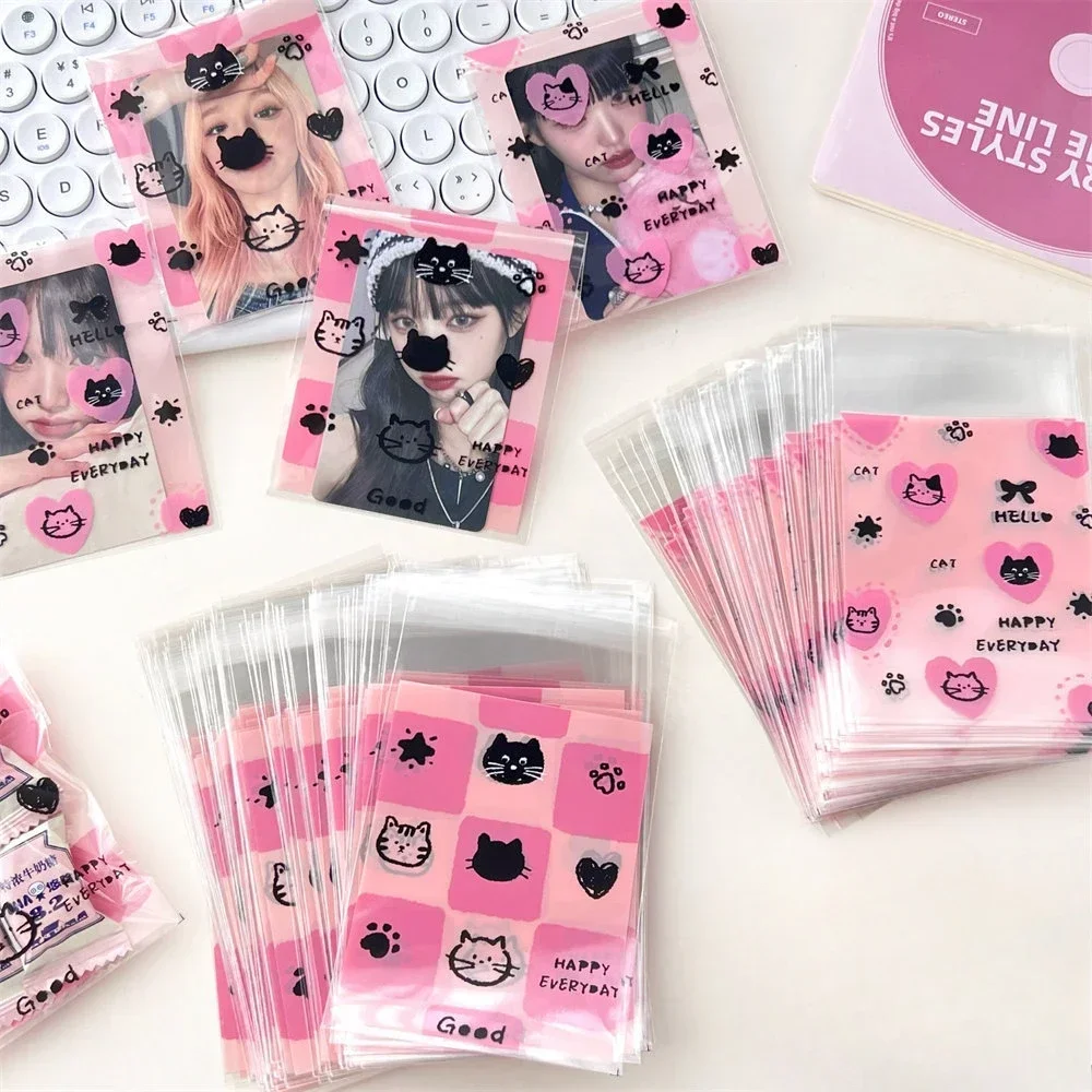 Korean INS Cute Pink Black Kitten Opp Bag Kawaii Kpop 3-inch Photo Card DIY Packing Decor Bags Girls Gift Candy Packaging