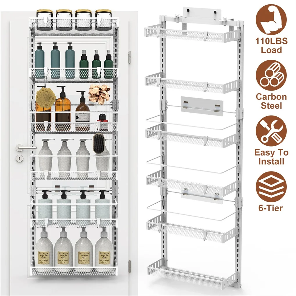

6-Tier Over the Door Pantry Organizer, Large Metal Door Spice Rack, Hanging Heavy-Duty Pantry Door Storage Shelf 10LBS Loading