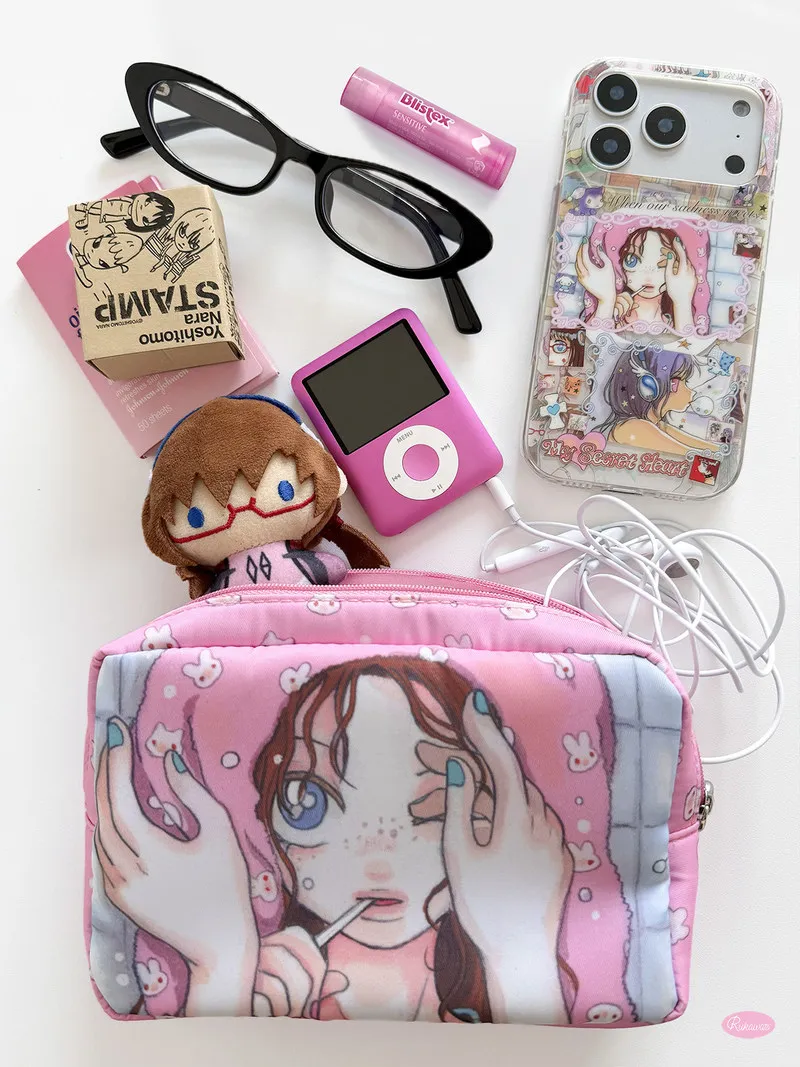 Original Design Rukawazzx X Oliwa Storage Bag Pink Retro Girl Heart Storage Bag Cartoon Printed Makeup Bag Girl Anime Periphery