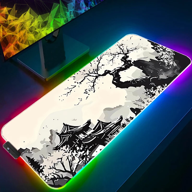LED Light Large Mouse Pad Japanese ink painting Office Computer Desk Mat RGB Table Keyboard Carpet Accessories Gaming Mousepad