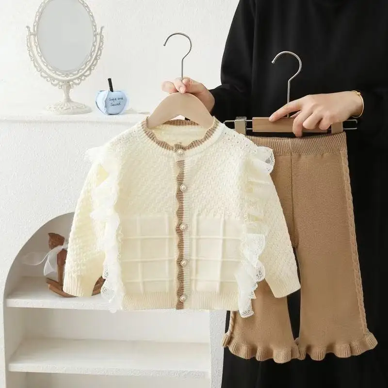 Spring Autumn Girls 2 PCS Outfit Stylish Cardigan Coat With Ruffle Trim Pants Fashion Two Piece Set for Little Kids Girls 2-6Y