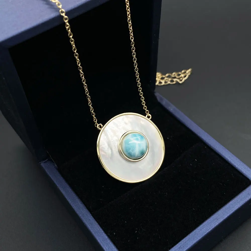 Trendy Natural Larimar Pendant 14K Yellow Gold White Shell Gemstone 8mm Necklace for Women Girl Party Fine Jewelry Gift view 5