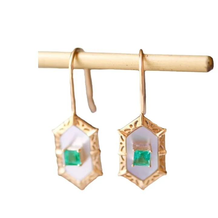 المتخصصة خمر 925 الفضة الطبيعية الأبيض قذيفة الزمرد هندسية الأذن السنانير 18K الذهب معبأ مسدس الأحجار الكريمة إسقاط أقراط مجوهرات #2