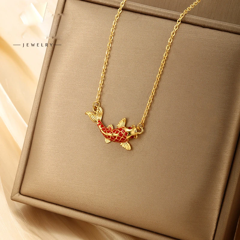 

Enamel Red Koi Fish Pendant Necklace Women,Vintage Chinese Style,Minimalist Elegant Collarbone Chain,Unique Design Jewelry Gift