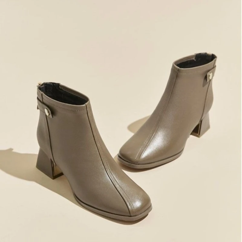 

Женские короткие туфли для работы, осенне-зимние ботильоны, теплые кожаные ботинки цвета хаки из искусственной кожи, модные ботильоны Y2k 2025, женские ботильоны