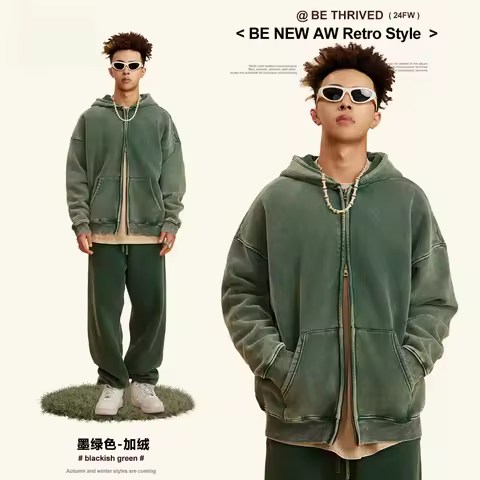 Cozy Winter Hoodie for Men, Heavyweight Washed Fleece Lined Cardigan, Double Zipper American Streetwear Jacket (No Shrink) O3HH