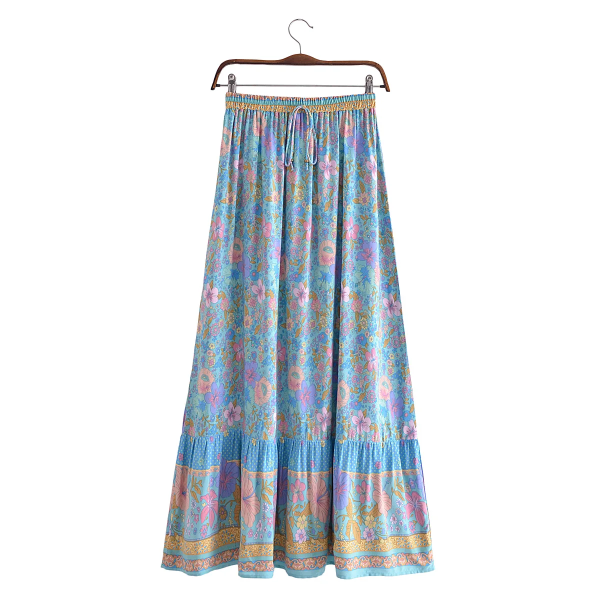 BOHO Blue With Pink Small Flower Print Long Skirt Spliced Ruched Ruffle Hem Women Ball Tassel Bow Waist Swing Skirt Holiday