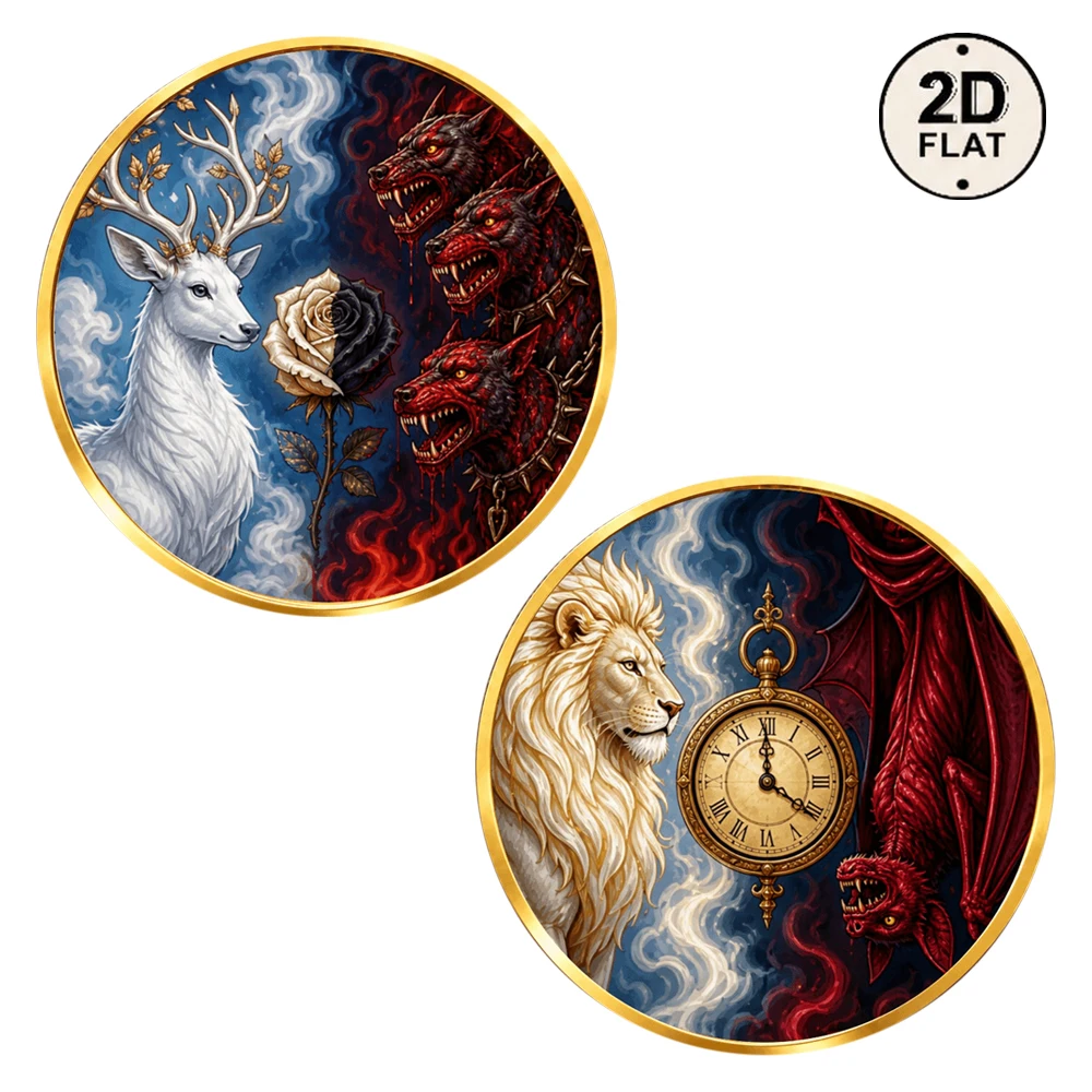 1pc Mythical Beast Metal Commemorative Coin White Deer Cerberus Rose & Lion Dragon Pocket Watch Smoke Collectible Medal Art Gift