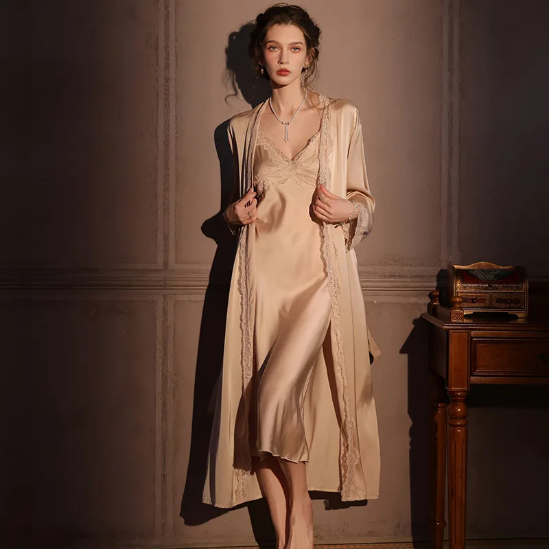 DAIMELU pajamas with chest pads sleepwear set sexy Nightgowns ice silk nightwear lace splicing extended pyjama female nightdress