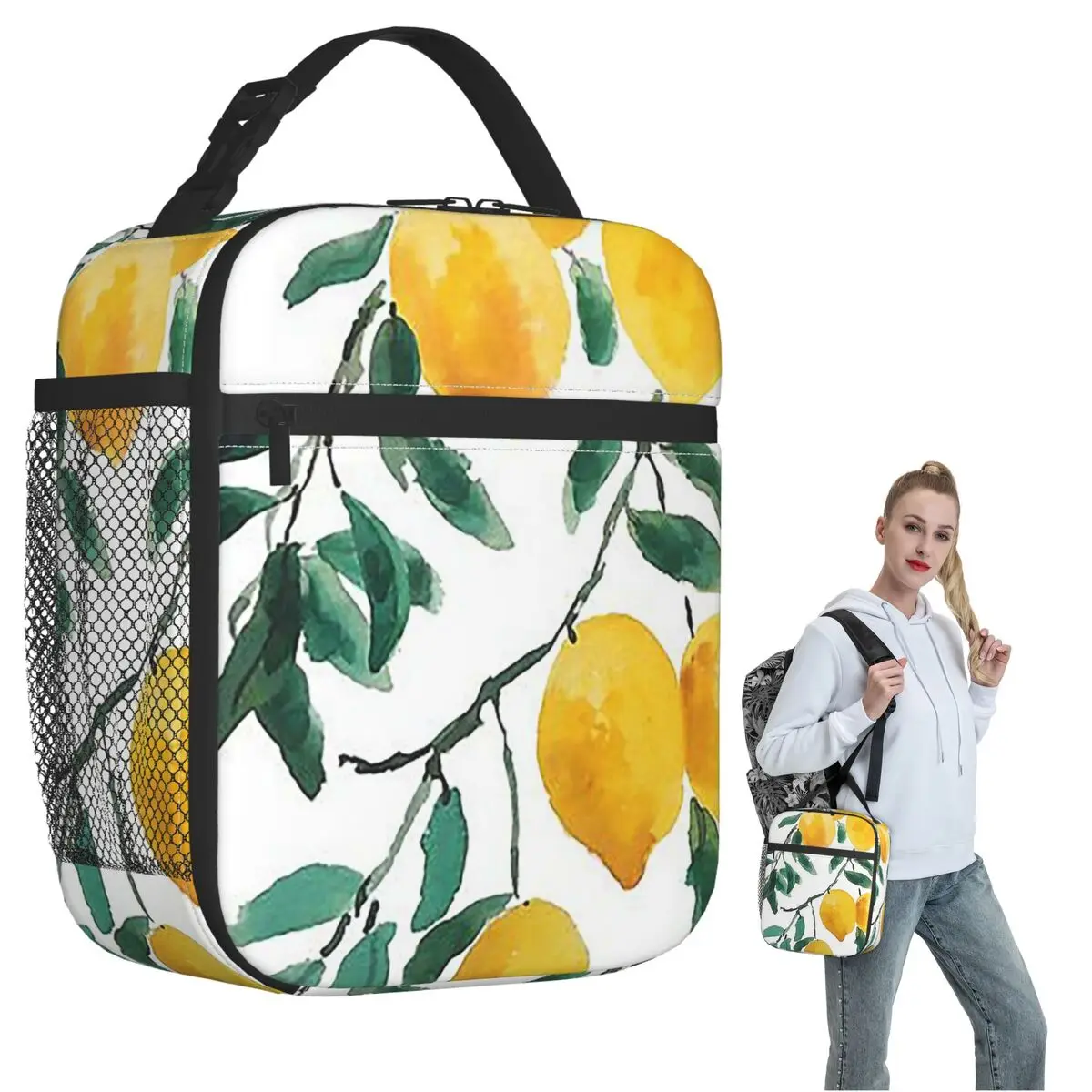 Hand Painted Yellow Lemon Watercol Insulated Lunch Bag for Women Children Portable Food Boxes Thermal Lunch Box Tote