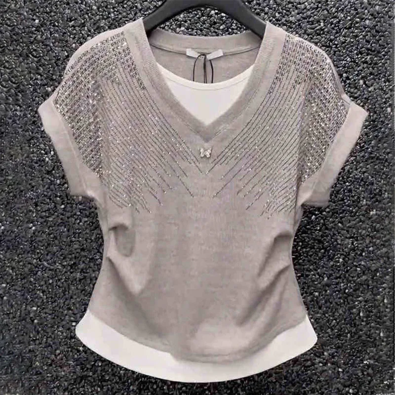 Directly Supplied By The Manufacturer, Highly Praised, 90% 10% Spandex, Rhinestone Patchwork, Faux Two-Piece, Pure Cotton