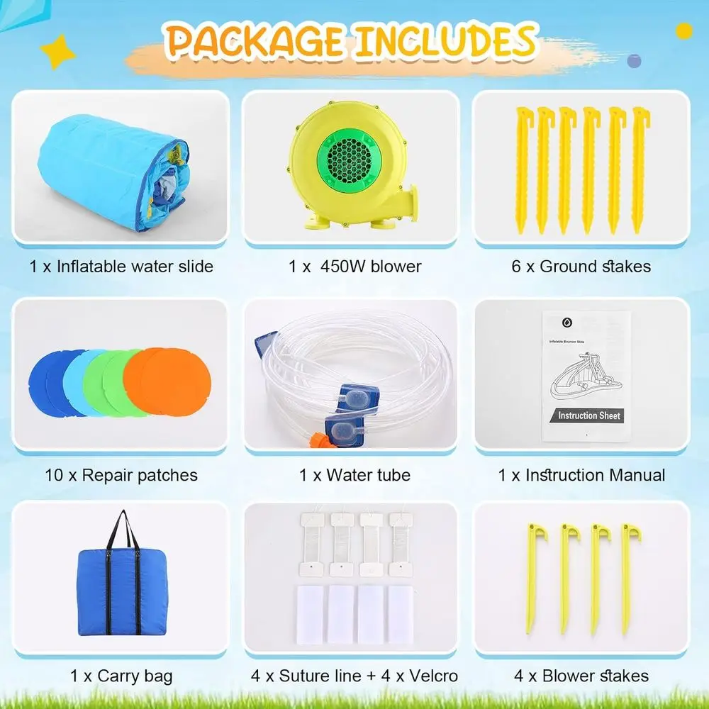 Iatable waterglijbanen voor kinderen met ventilator van 450 W, 6 in 1 opblaaswaterpark, 158x 138 x 89 waterglijbaan met klimwand, splashpool