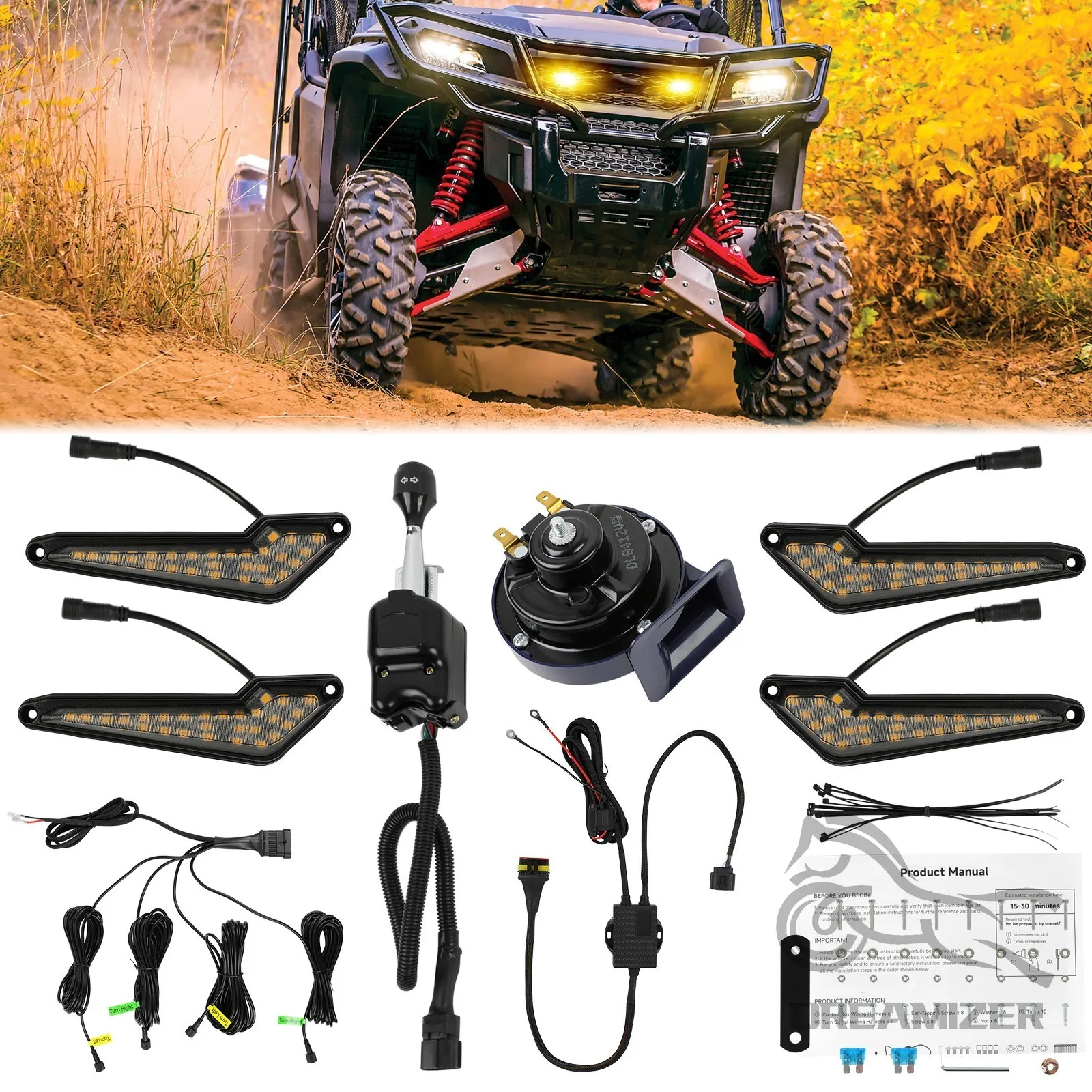 Universal UTV Turn Signal Horn Street Legal Kit Plug N Play Triangle ATV Blinker Kit Lever Column Switch Street Hazard light