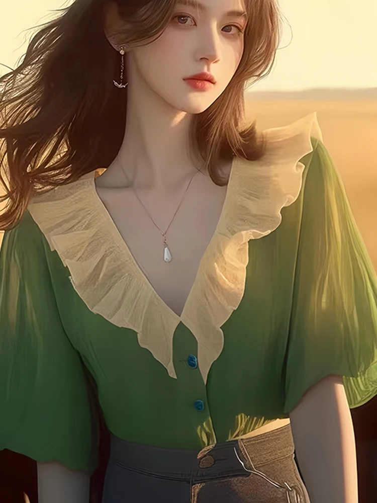 

een ort Sve Chiffon irt Women's Loose Beautiful Top French Sle V-ne Regular Length Summer New Arrival