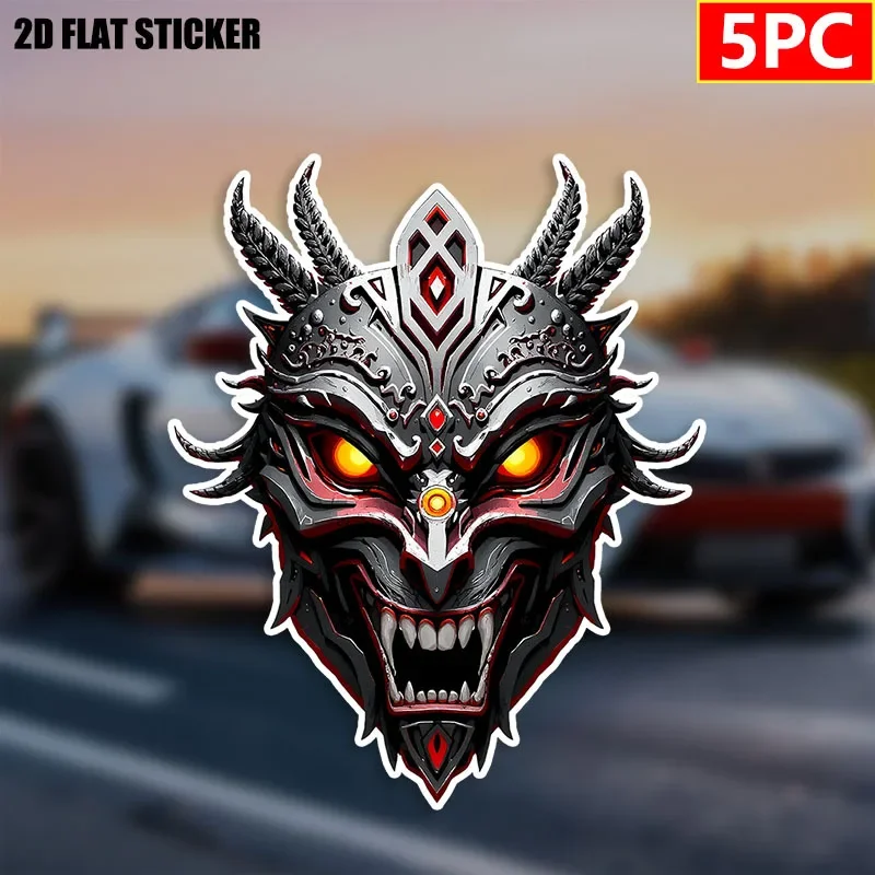 2D Flat Stickers - Durable Waterproof Vinyl - Single Use -Self-Adhesive - Set of Five Devil Mask Horn Eye Tooth Bumper Stickers