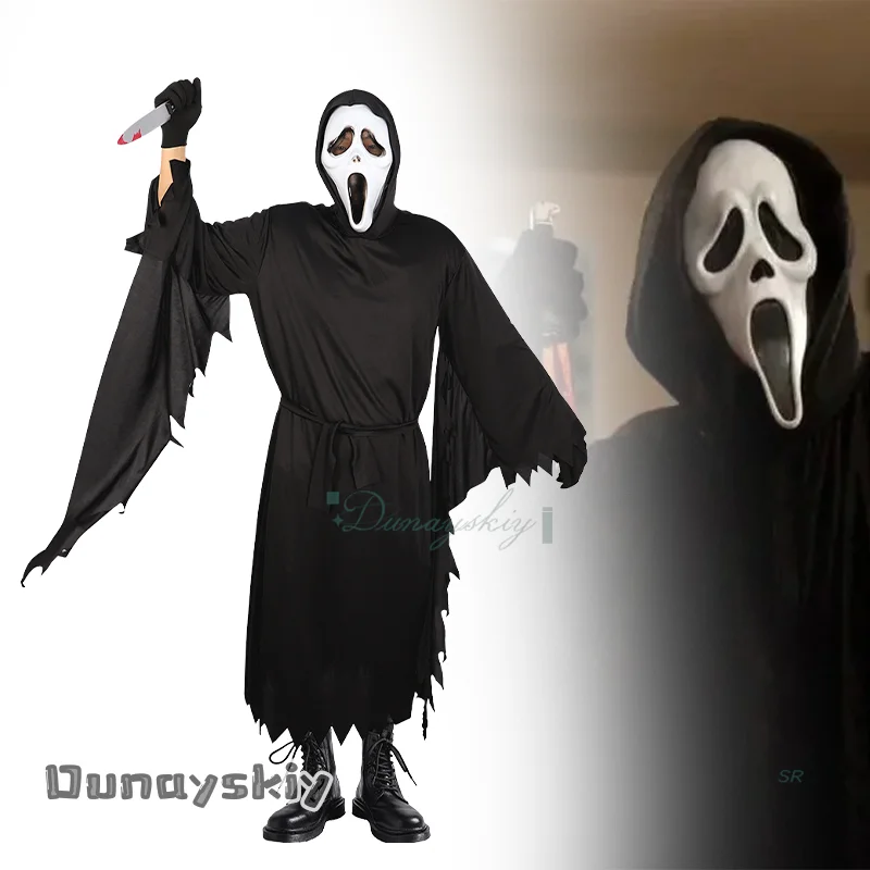 

{Anna zhang Online}Scream GhostFace Cosplay Costume Children Fancy Dress Skull Mask Black Long Robe Halloween Party Adult Kid