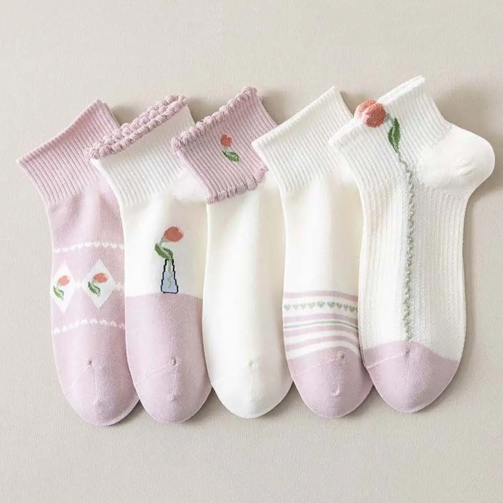 Cute Cotton Women Flower Short Socks Purple White Tulips Elastic Flower Ankle Socks Anti Slip Flower Boat Socks Calcetines Mujer