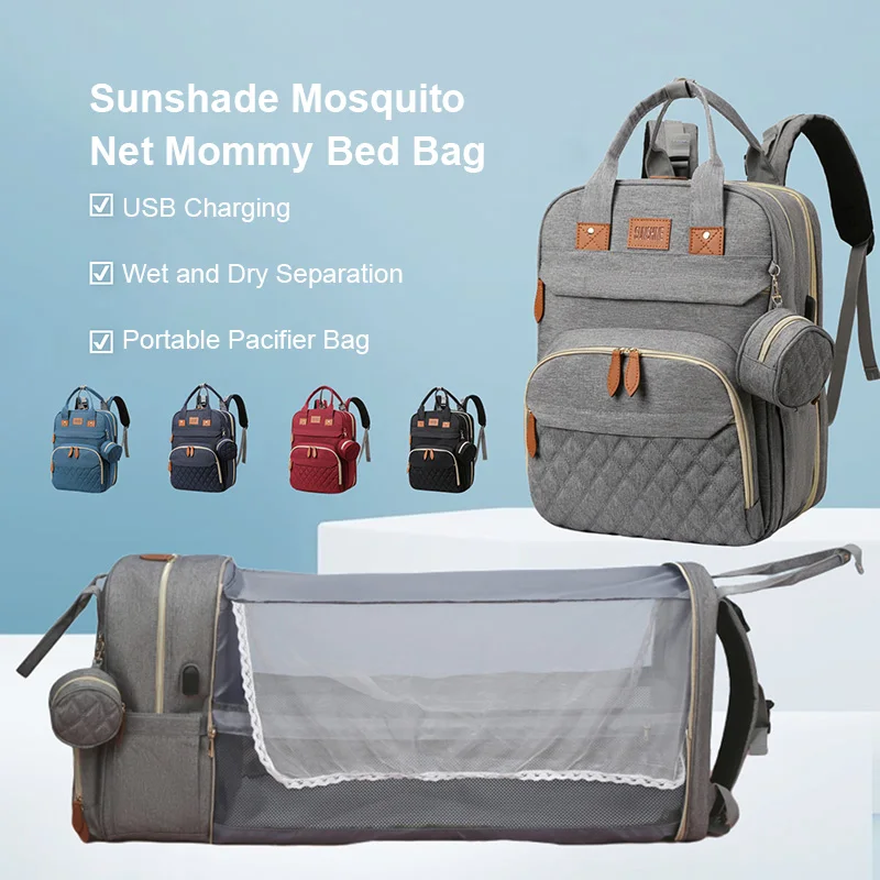 Folding Mommy Bag Large Capcity Baby Backpack for baby 2 in 1 Mummy Bag Crib With Mosquito Net Travel Shoulder Luggage Bag