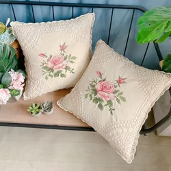 Boho Embroidered Crochet Pillow Covers Decorative Retro Handmade Woven Cotton Pillow Case Beige Square Cushion Cover Home Decor