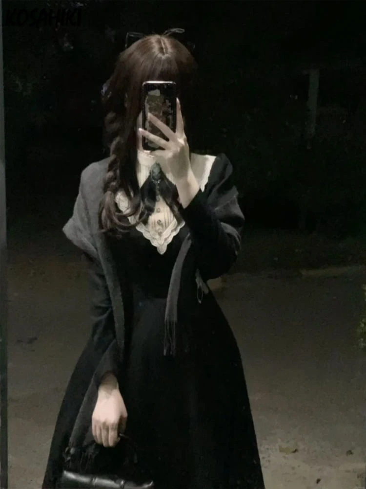 

Spring Contrast Color Patchwork Lolita Dress Women Vintage Puff Sleeve Grunge Dresses Y2k Aesthetic Party Bow Sweet Vestidos