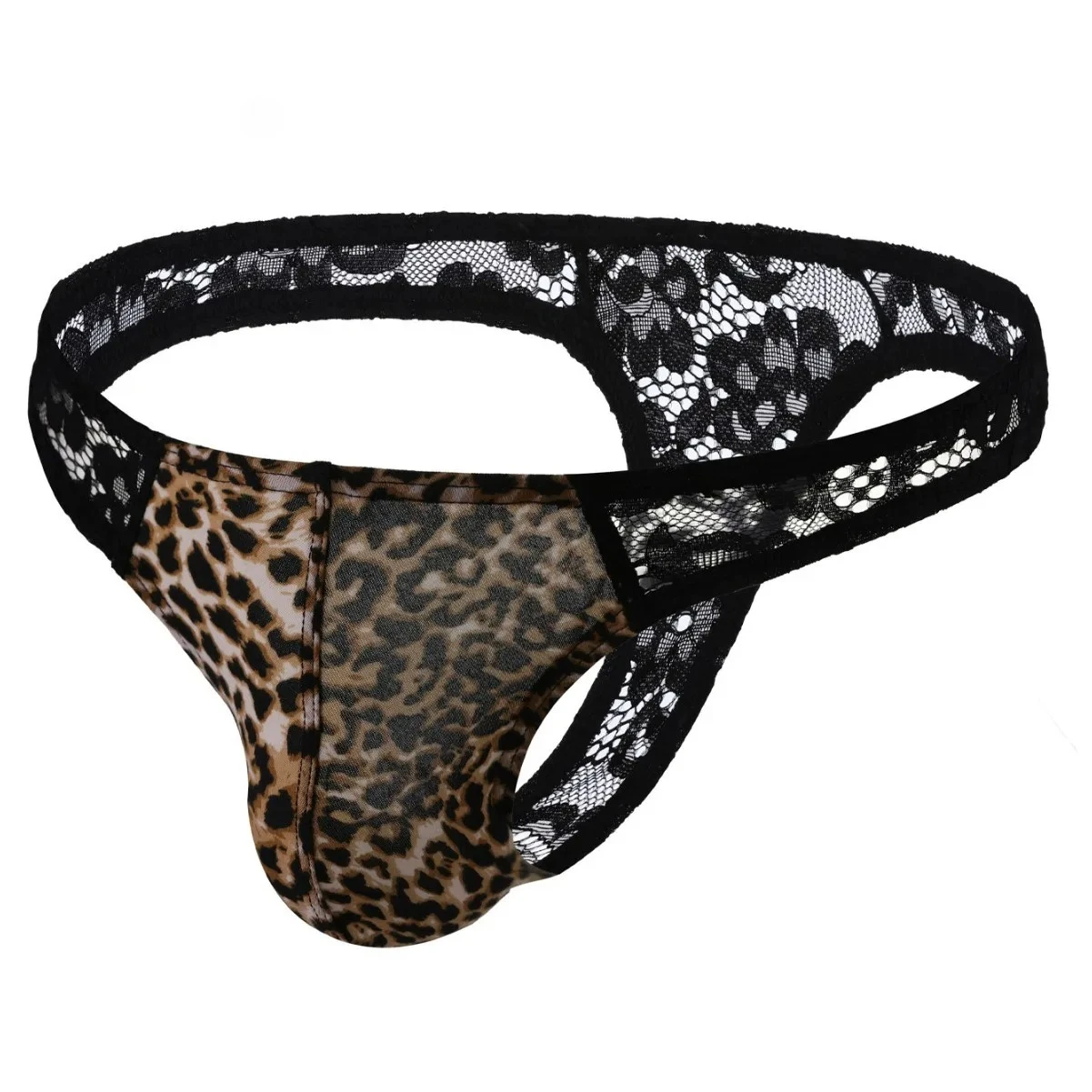 Men's Bulge Thong Lace Leopard Patchwork Sissy Erotic Low Rise U Convex Pouch Open Buttocks G-string Gays Sexy T Back Underpants