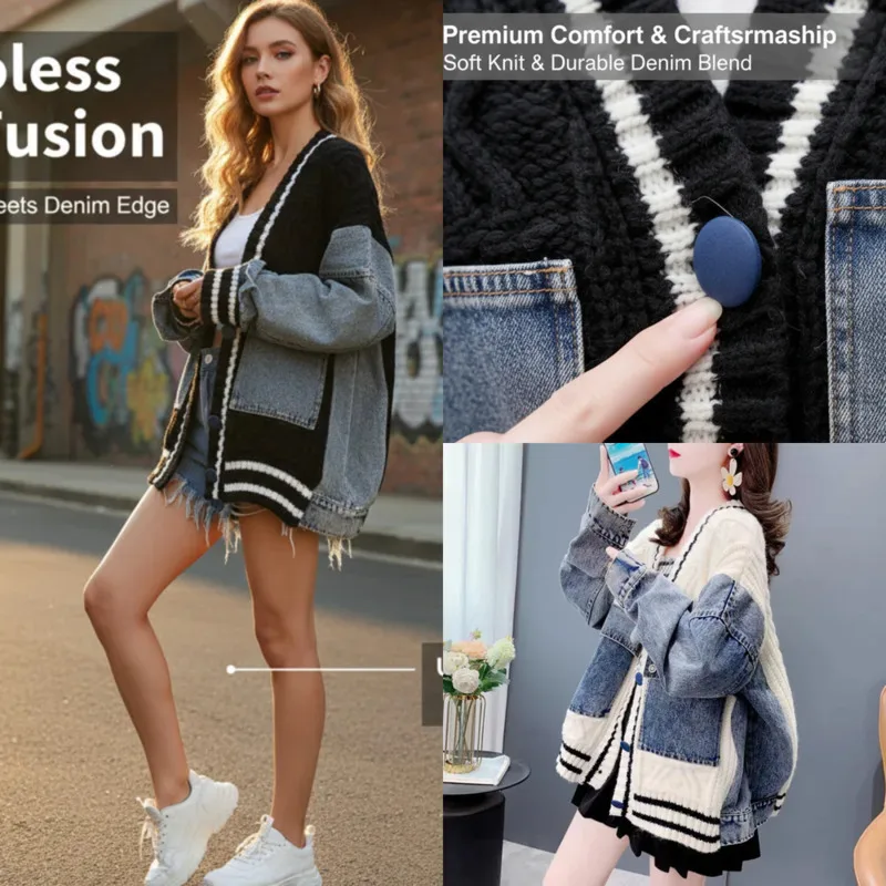 

Винтажный джинсовый свитер, кардиган, куртка, топ в стиле Харадзюку, женский ленивый трикотаж, осень-зима, повседневное пальто большого размера, свободный крой, новый топ