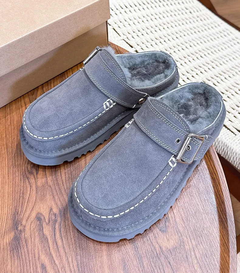 Neue Damen-Schlappen aus Rindsleder und Wolle, Schneestiefel mit Zehenkappe, erhöhte Sohle, warm, stoßdämpfend, dicke Sohle, lässig, für Paare – Detail 7