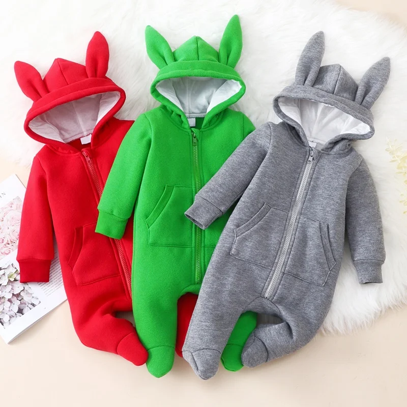 

Winter Newborn Baby Clothes Lovely Infant Long Sleeve Rabbit Ear Pocket Baby One Piece Zipper Hooded Thicken Baby Romper 0-12M