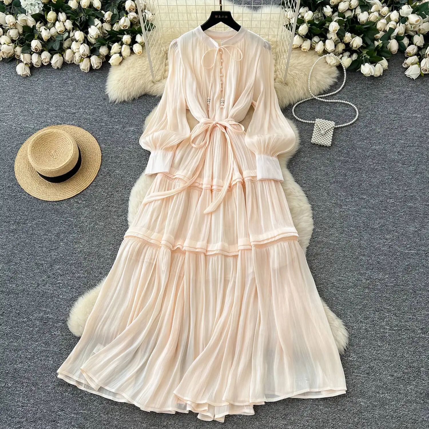 

Элегантные шикарные сетчатые однотонные тонкие длинные платья с рукавами-фонариками, платье на бретелях, французские вечерние комплекты для улицы