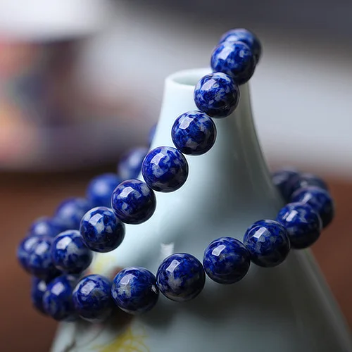 Natural Lapis Lazuli Bracelet 10mm Round Bead Chinese Blue White Porcelain Pattern Single Strand Women Meditation Jewelry