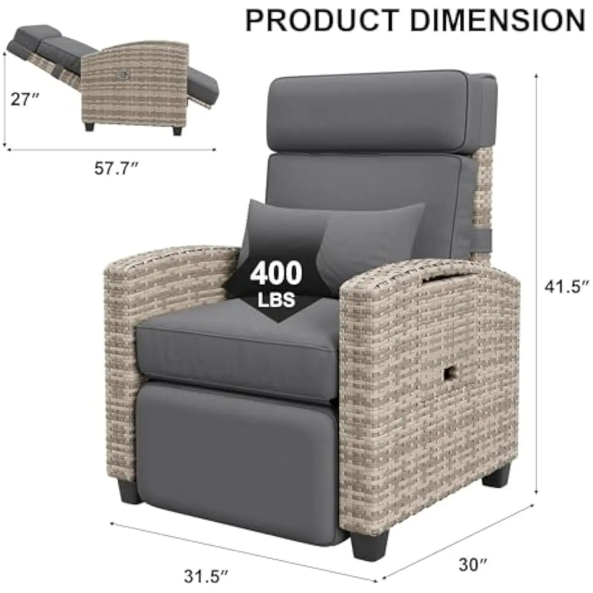 Outdoor reclining lounge chair with synchronized gas-lift system for back and footrest — integrated foldable side tray with cup