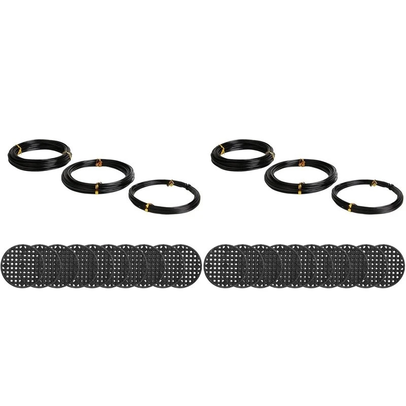 T19C 2X Bonsai Wire Set With Flower Pot Hole Mesh Pad,Copper Bonsai Training Wire 40 Plastic Mesh Mat Black