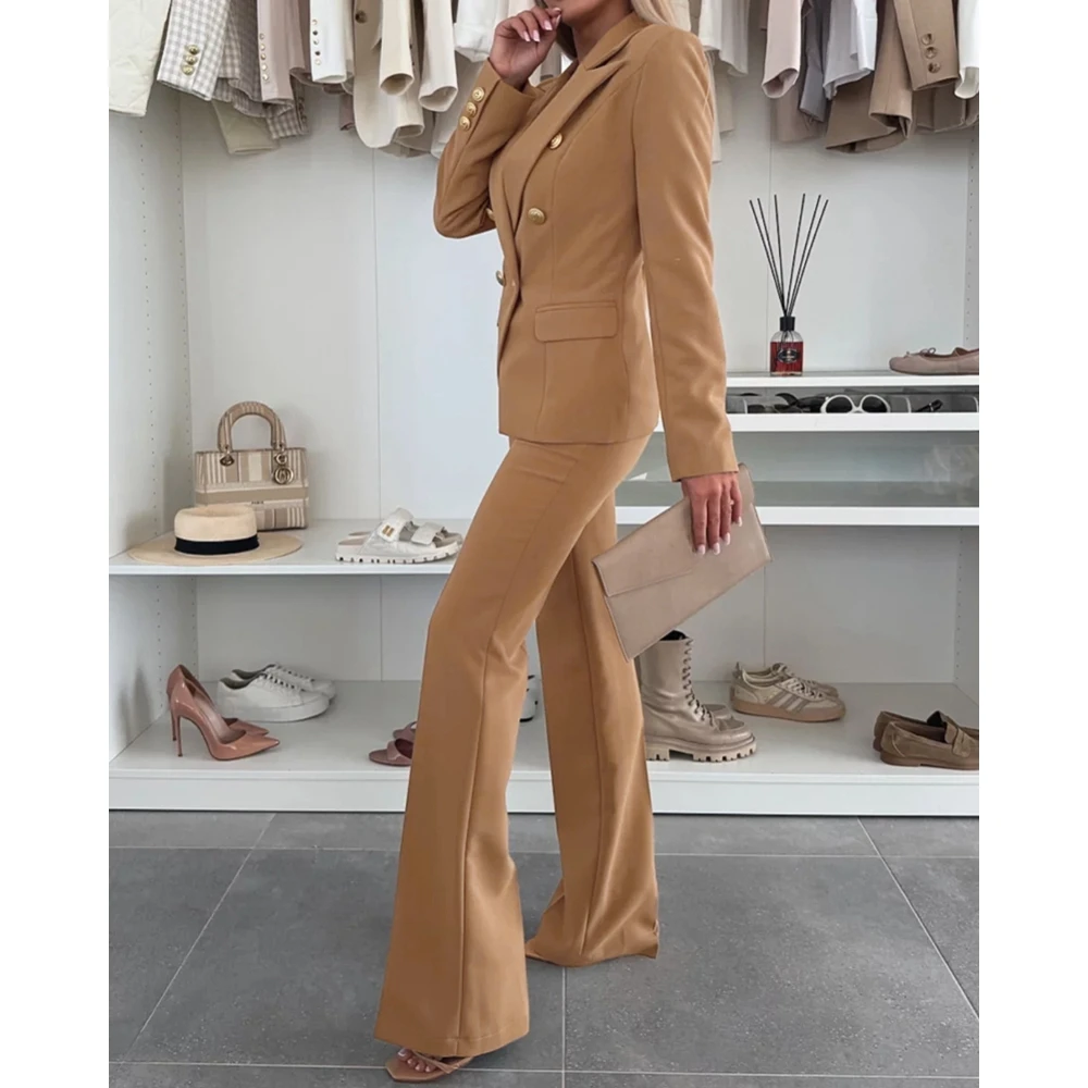 2 Pieces Outfit Notched Collar Double-Breasted Women Blazer Set with Casual Slim Fit Flared Work Pants Set for Office Formal