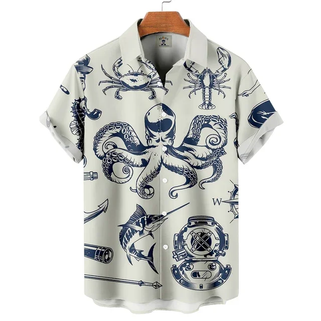 Vintage Art Octopus Ocean Creature Print Aloha Shirt For Men Short Sleeve Button Down Casual Beach Vacation Party Shirts