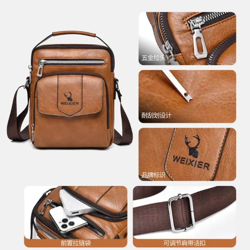 Men's Messenger Bag Waterproof PU Leather Crossbody Bag Casual Shoulder Bag Male Travel Satchel Student School Bags Large