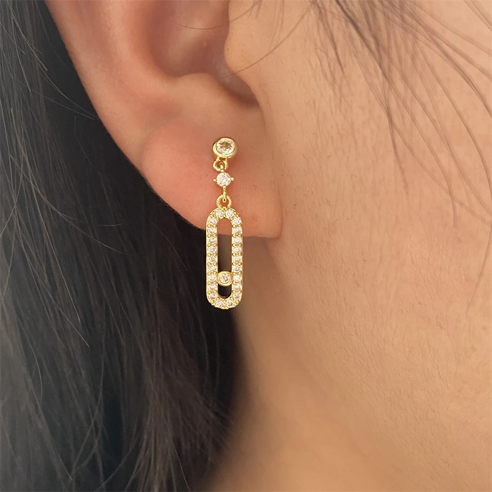 

Geometric Oval Dangle Necklaces Earrings For Women Luxury Paper Clip Shaped Zirconia Gold Color Earring Evening Party Jewelry