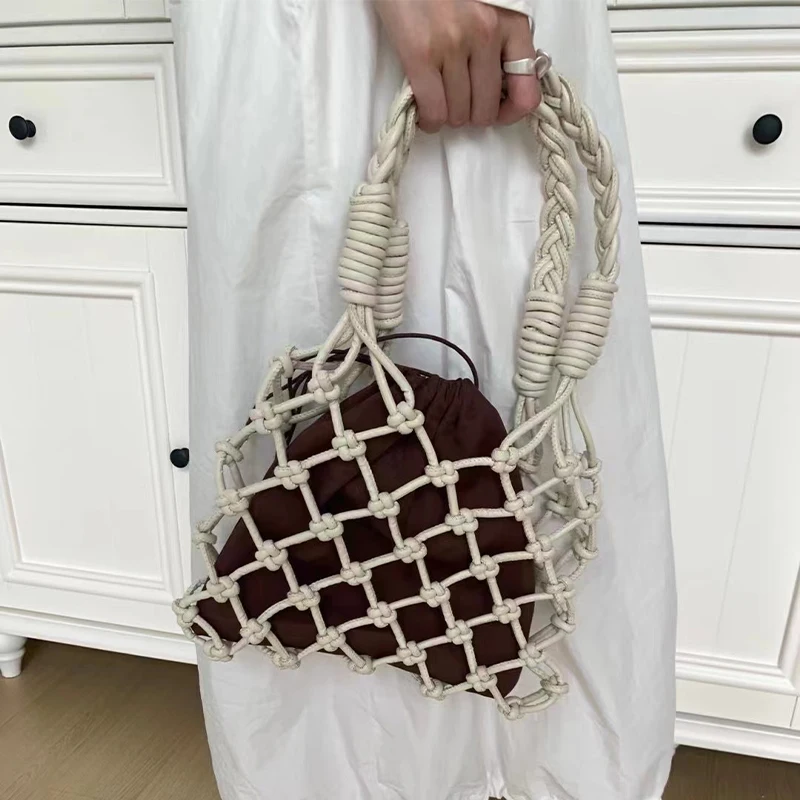 Handmade Weaves Handbags For Women Designer Luxury Retro Hollow Out Crochet Rope Woven Fishnet Bags Beach Mesh Tote Purses Small