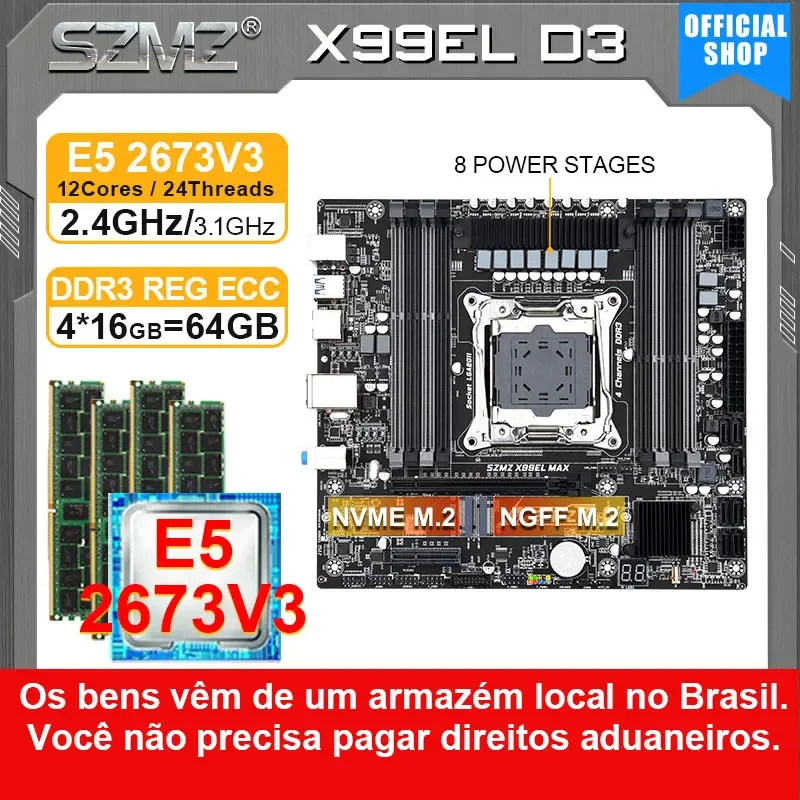 SZMZ X99 Motherboard DDR3 kit xeon x99 with E5 2673 V3 CPU + 4*16GB RAM Quad channels completo motherboards Set LGA 2011 X99