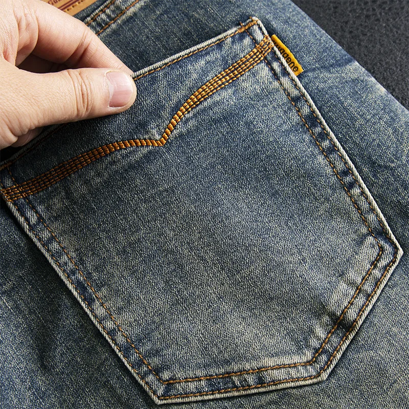 High end fashion nostalgic jeans men's retro washed slim straight tube classic embroidery casual denim pants